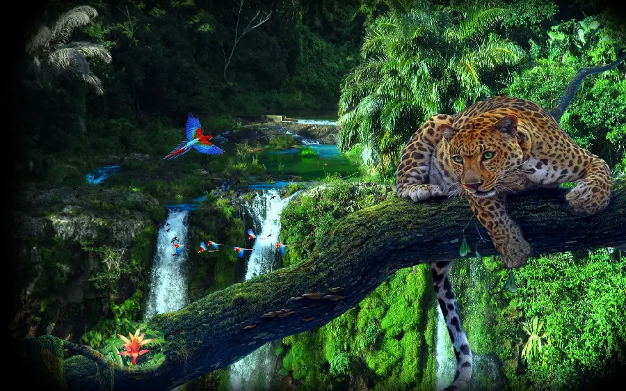  The lively and green landscape of nature and pictures of a leopard on a tree trunk and a waterfall specific to the iPhone