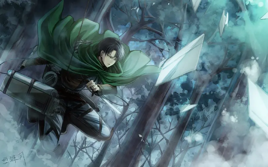 Captain Levi with a scary green cape in an interesting 4K view
