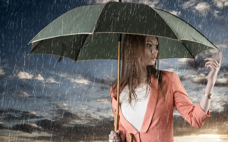 SoBeautiful special laptop background of a stylish girl in a coral dress with an umbrella in her hand in the rain, real hd quality