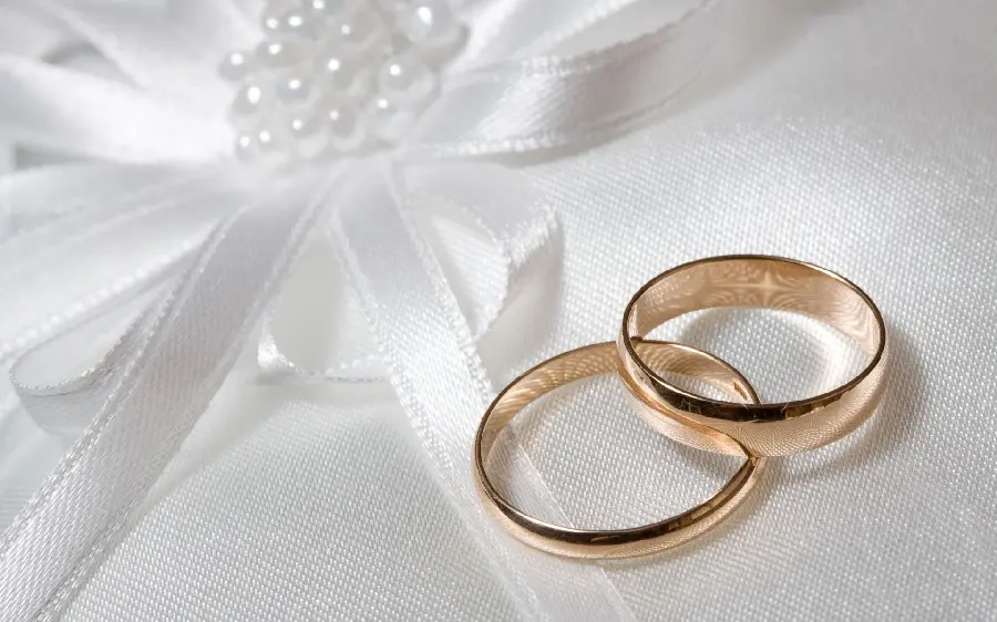 Download simple stock photo of two wedding rings next to a pearly white ribbon