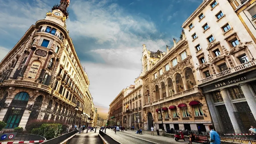 Beautiful background of famous commercial buildings, banks and stores in Barcelona, ​​full quality