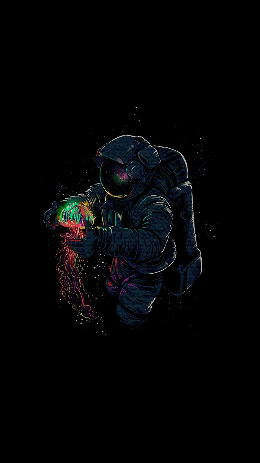 Download an admirable graphic image of an astronaut with a bright and colorful object for iPhone and Android backgrounds