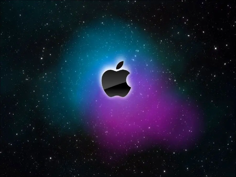 Download Wallpaper of the Apple Logo with a Green Blue Pink Halo Around the Bitten Apple