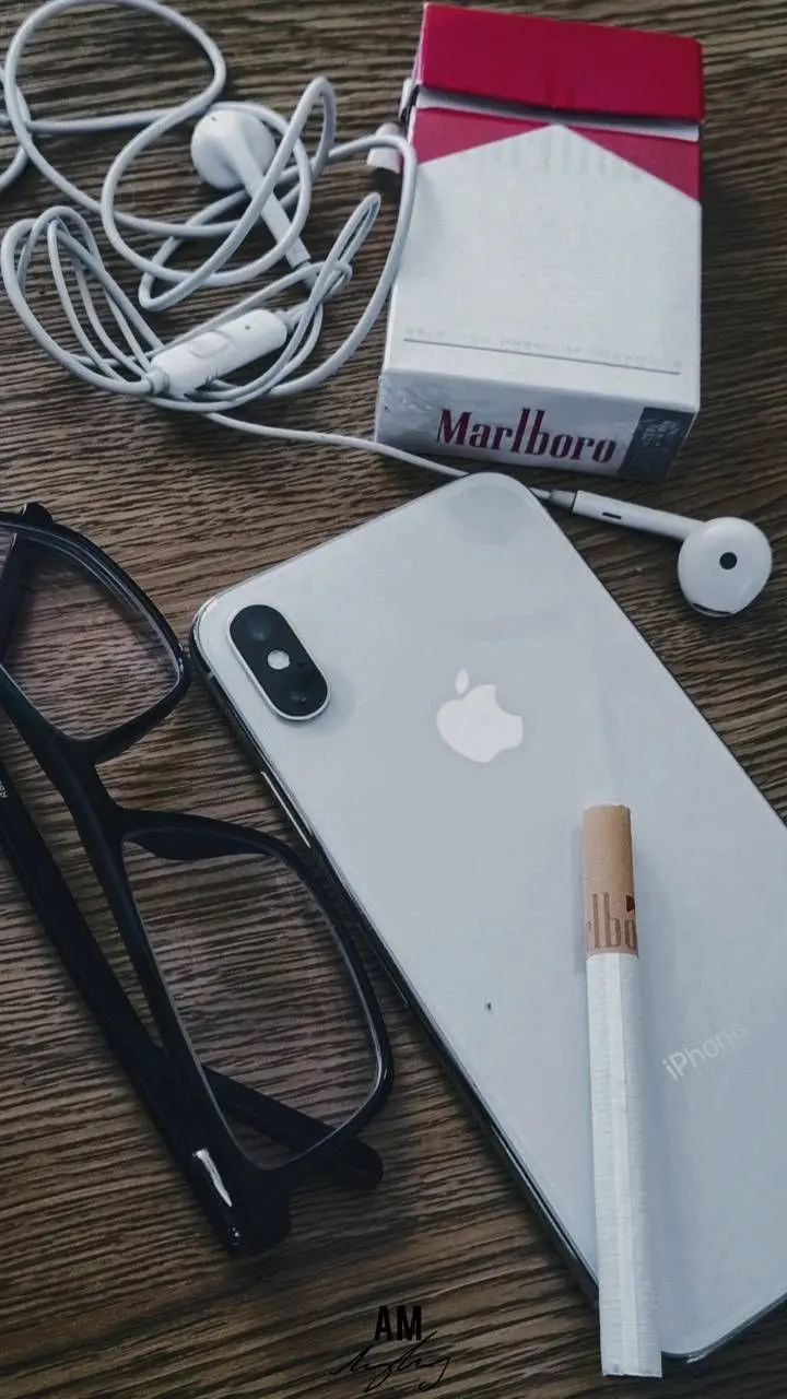 Amazing wallpaper of Apple phone and black frame glasses and handsfree and Marlboro cigarette box and thread with FUII HD quality