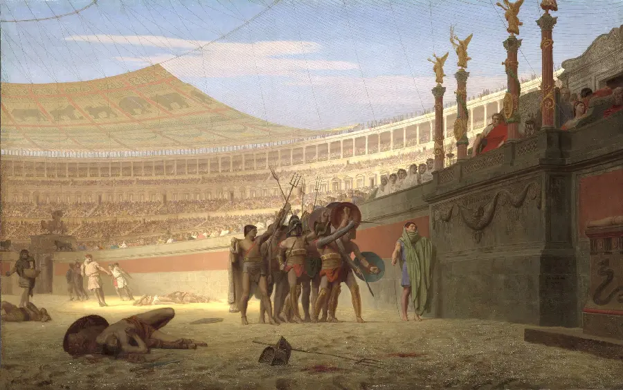 Ancient fantasy image of gladiator battles and shows held in the Colosseum
