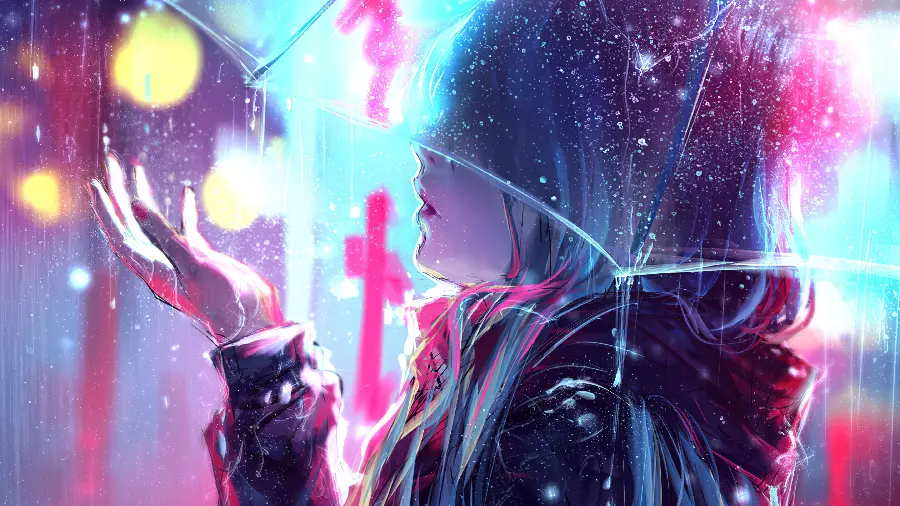 Anime wallpaper of a girl with an umbrella on her head touching the beautiful raindrops of spring anime