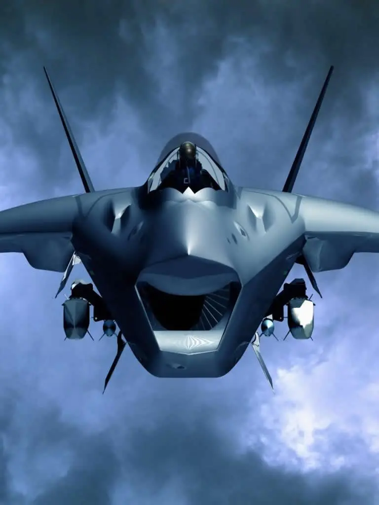 A unique graphic view of a fighter plane from the front