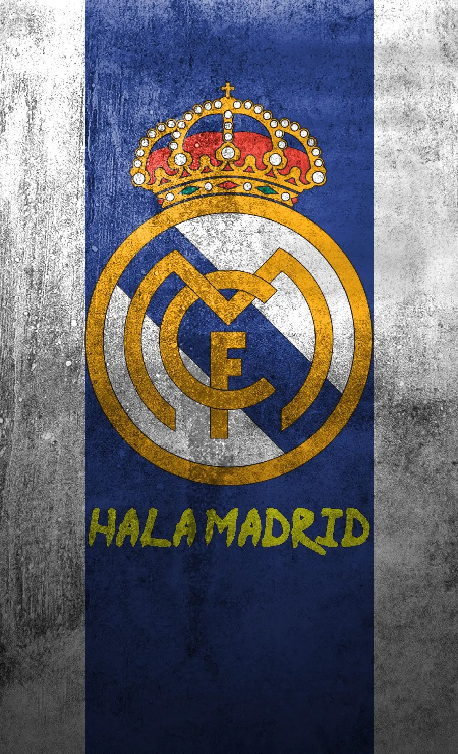 Ancient fantasy image of the Real Madrid logo with a two-color white and blue flag