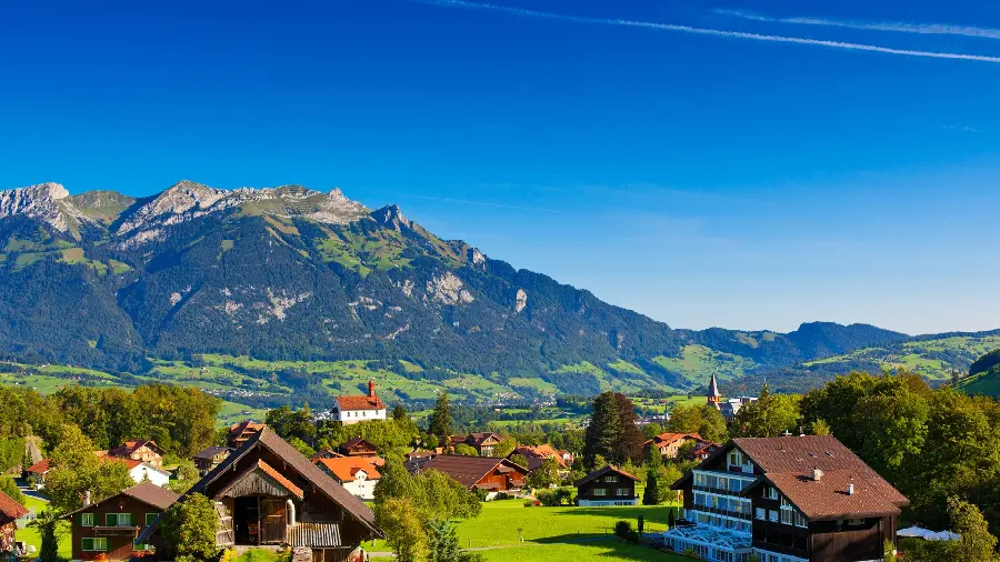 The most beautiful poster of a dream village in pristine and lush nature 