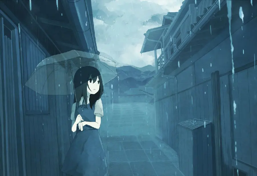 Fantasy profile picture Telegram special of a girl in a sundress staring at a place with an umbrella in the rain anime