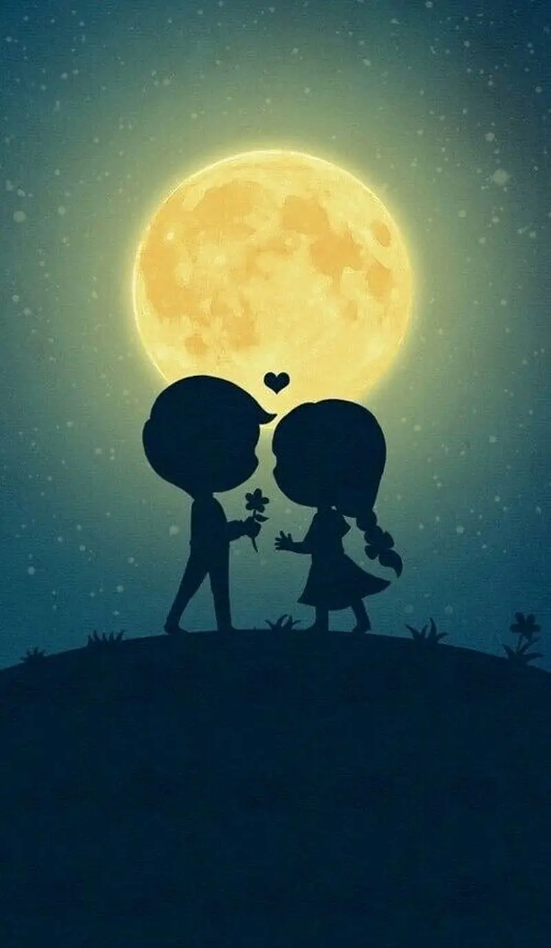 Lovely graphic photo with a little girl and boy under the moonlight