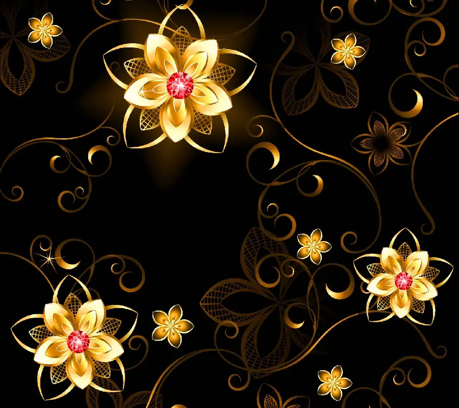 Cute wallpaper of small and large golden flowers in the shape of a wallpaper with brown trails