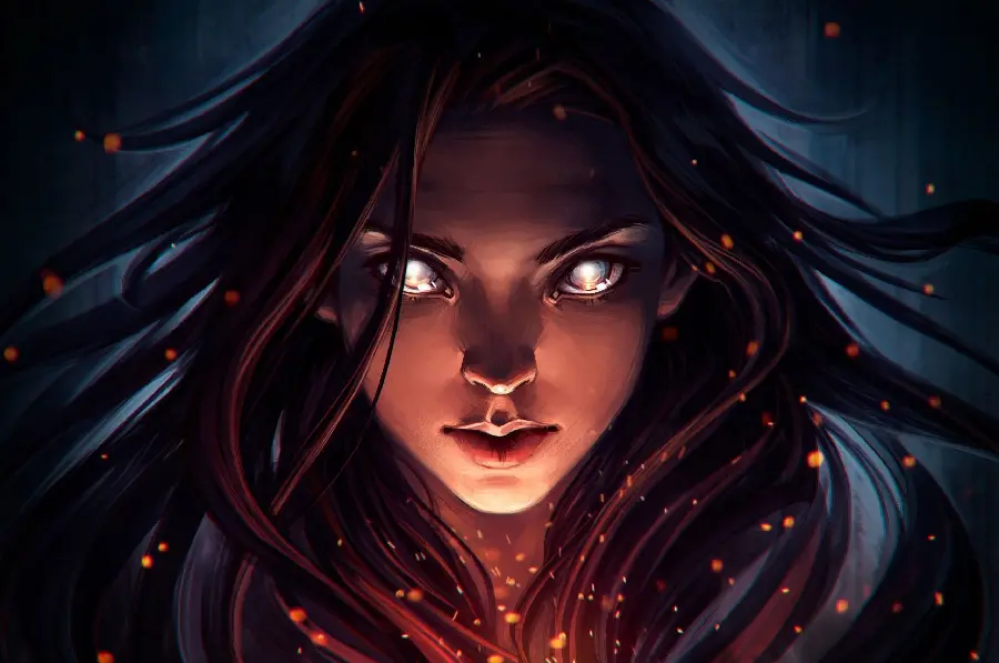 Scary background of a girl with a fiery and magical look