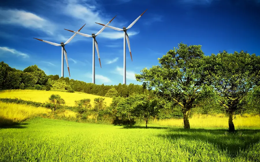 Photo of beautiful windmills in lush and fresh nature