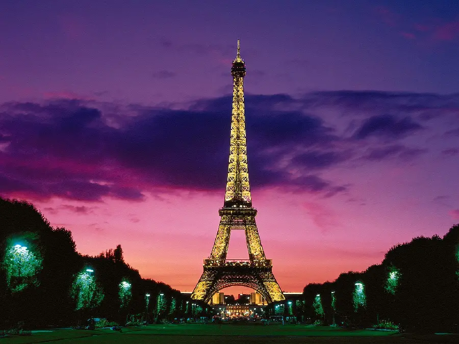Download a neat and clean background image of the shrubs next to the Eiffel Tower and the multicolored night sky in Paris, the cradle of French culture