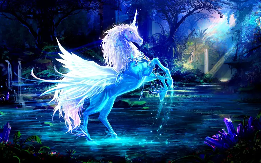 Wallpaper of a unicorn in a blue halo