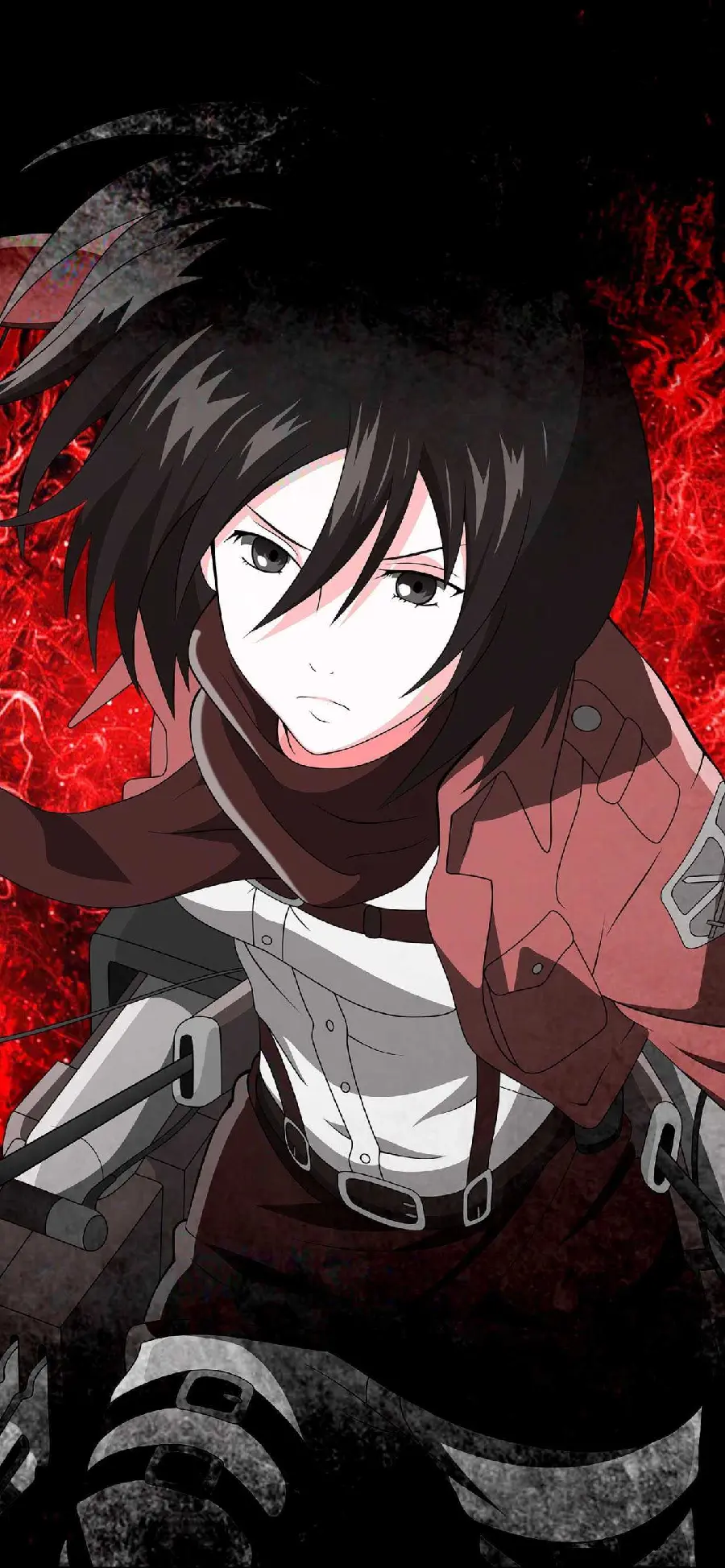 Scary picture of Mikasa Ackerman with a special red and black theme for the profile 