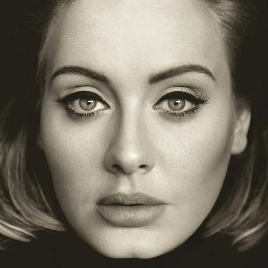 Full face black and white photo of the beautiful and famous British singer Adele