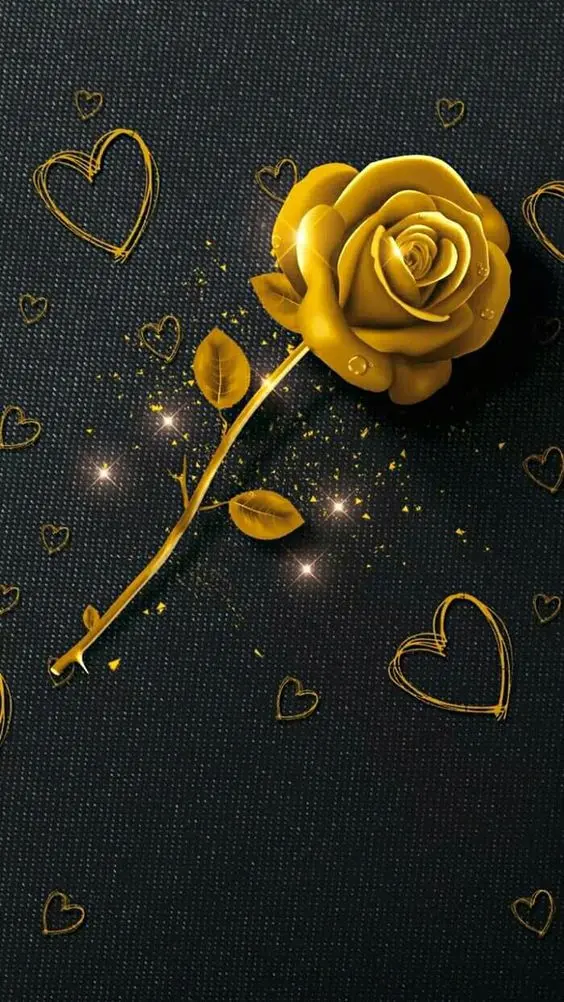 Download black graphic poster with hearts in its background and golden rose with dew drops