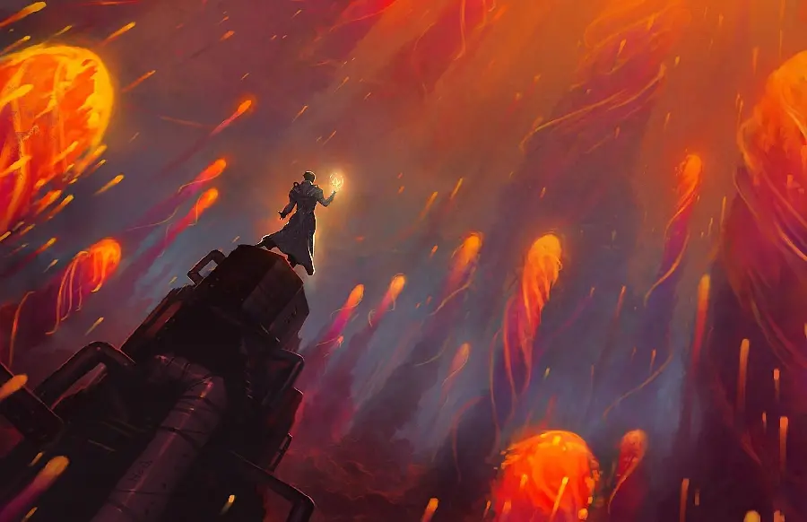 PC wallpaper of a lonely and powerful man under the rain of red fire