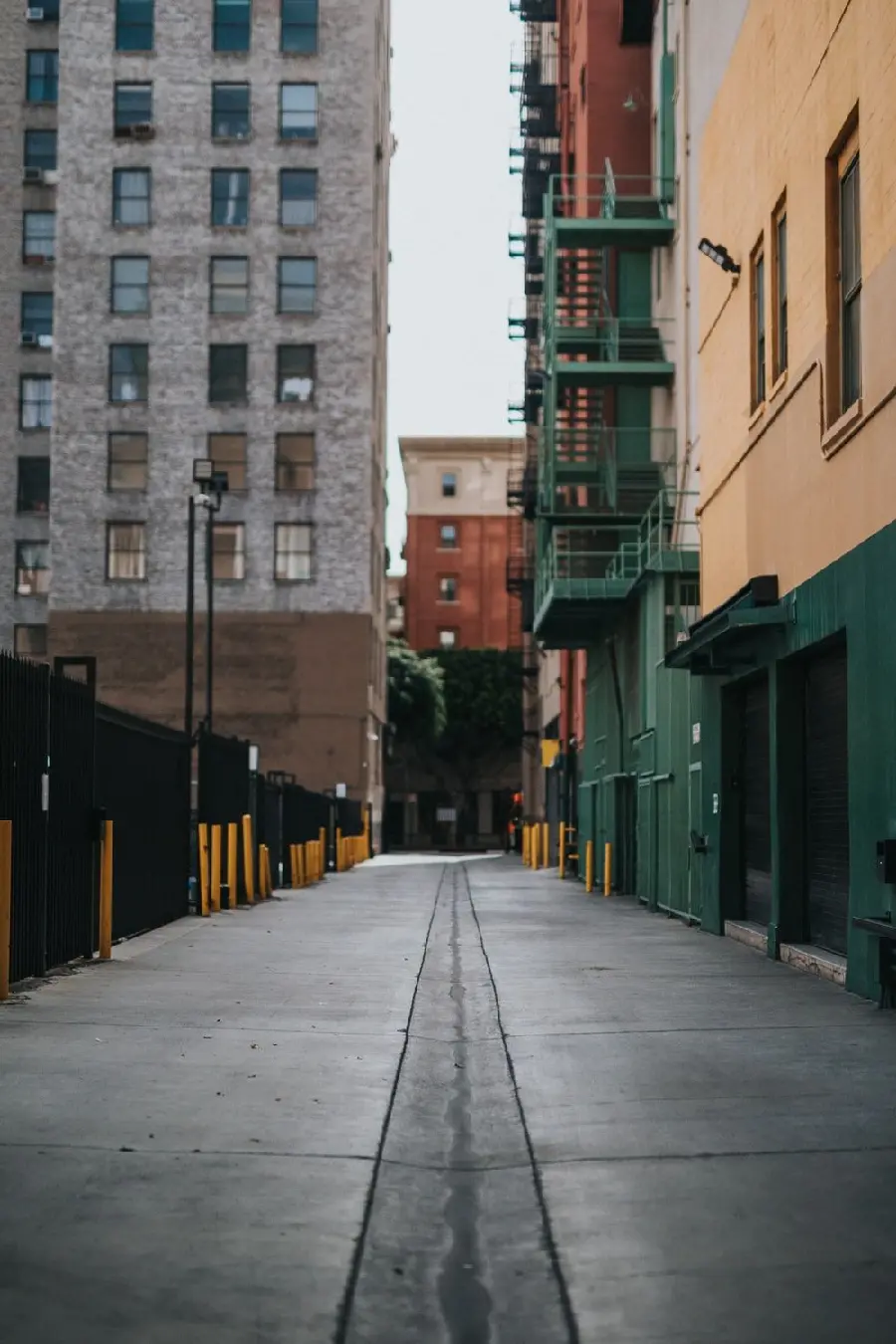 WhatsApp profile picture of a gray city road with a dead end and surrounded by tall buildings and green emergency stairs