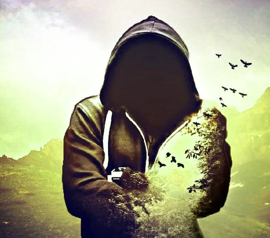 A creepy graphic image of a boy in a black hoodie for editing