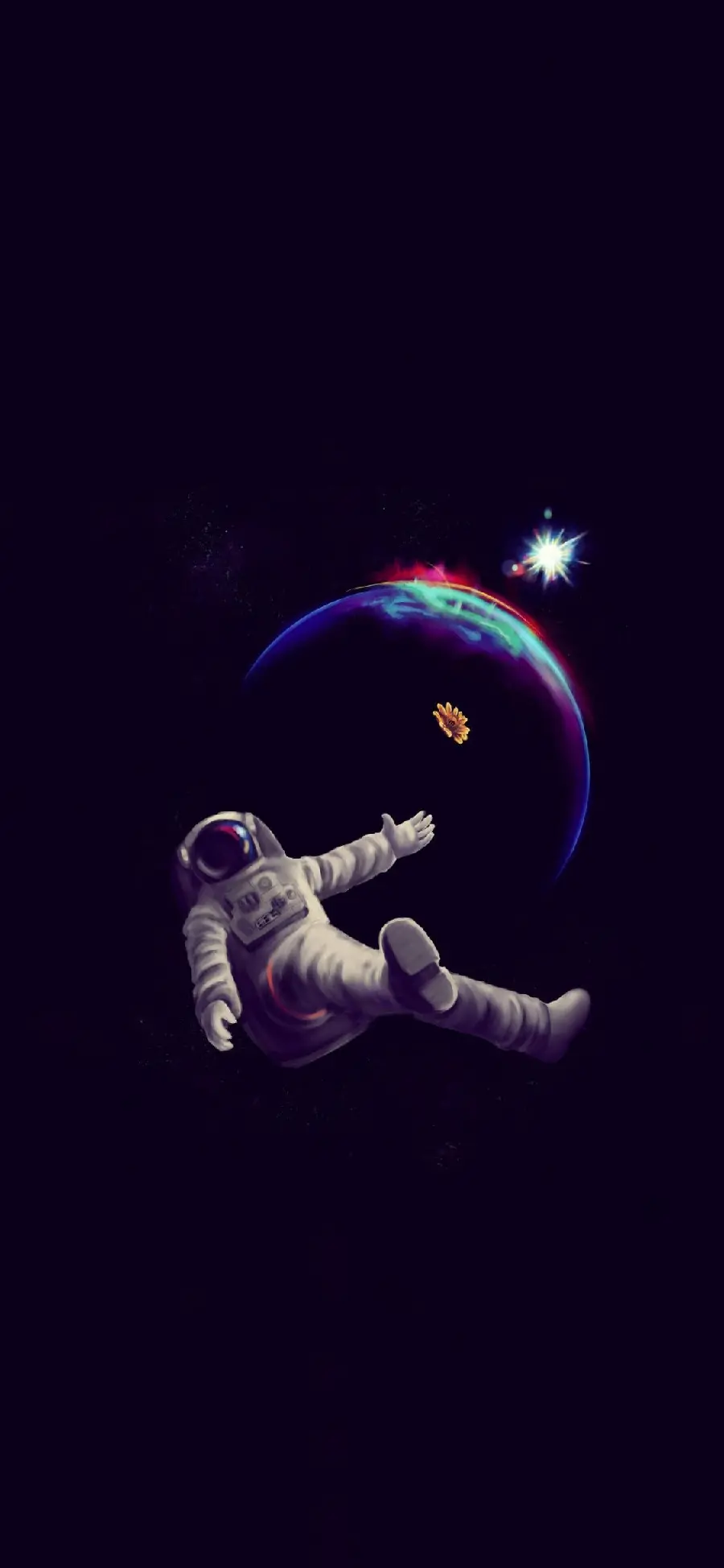 Amazing and spectacular background photo of an astronaut floating in space near a colorful planet with a beautiful yellow flower in special quality