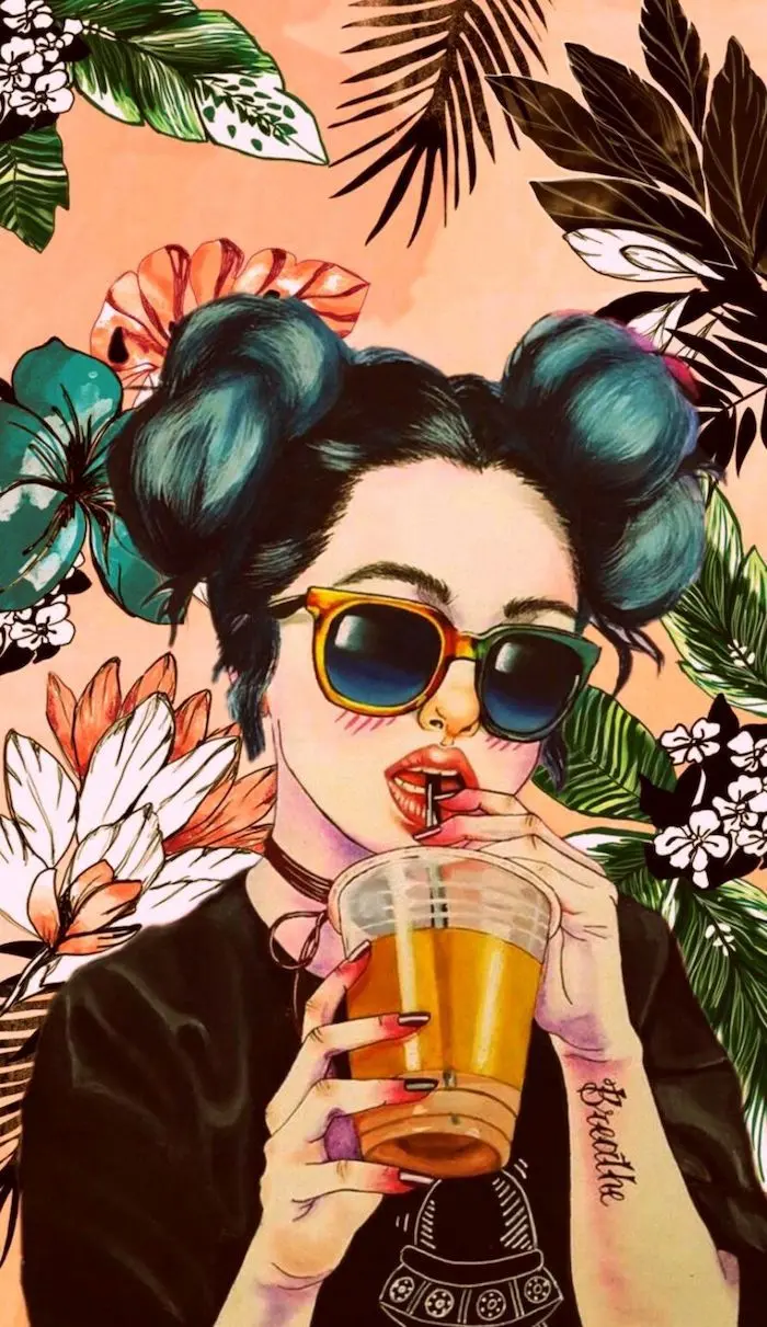 Unique graphic wallpaper of a beautiful girl drinking tea