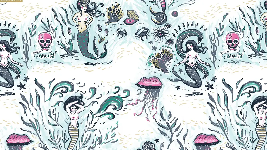 Cool graphic wallpaper of a mermaid under the sea with a white background 