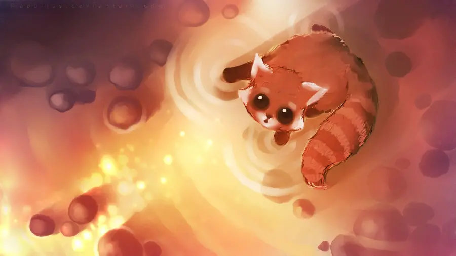 A fantasy image of a fox with big black eyes looking up
