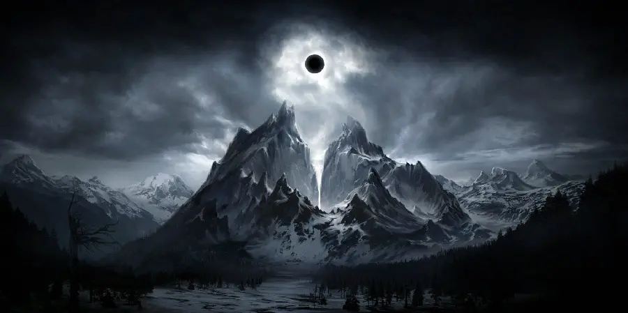 Special view of a lunar eclipse view on top of a mountain with a dark and creepy theme