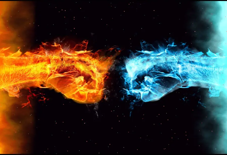 Full HD computer background with a fiery design of the confrontation of good and evil 