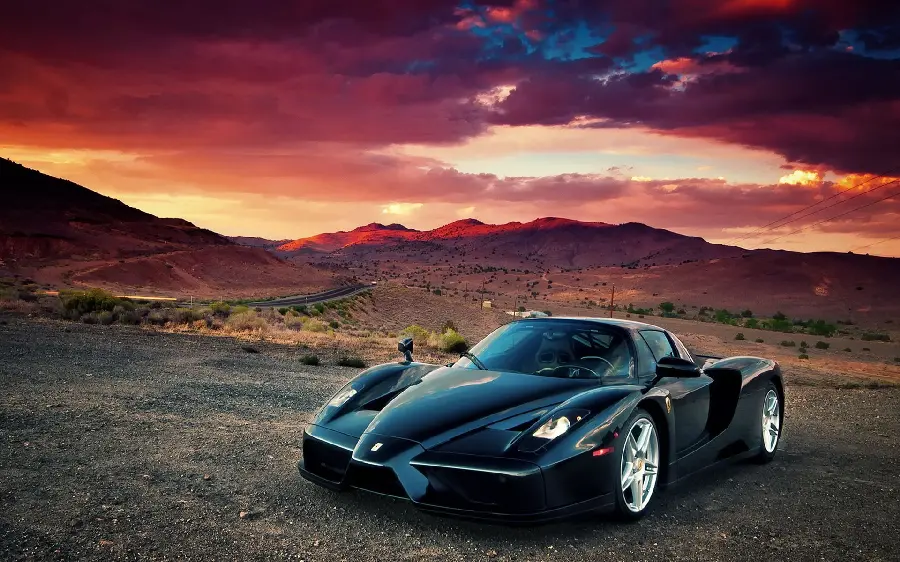 Amazing image of a black Ferrari car with a sunset nature background and with special quality