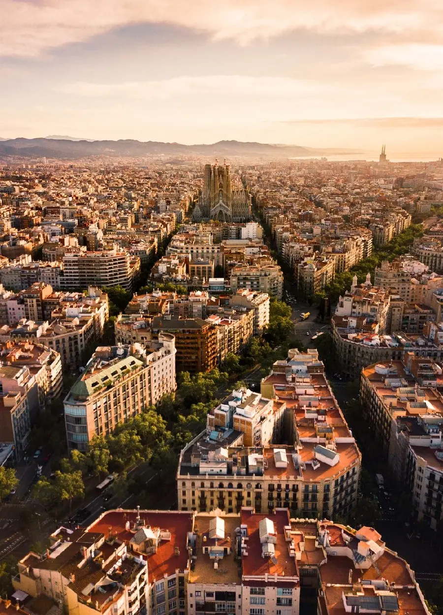 Download an exceptional poster of the facades of buildings and houses and the green space of Barcelona
