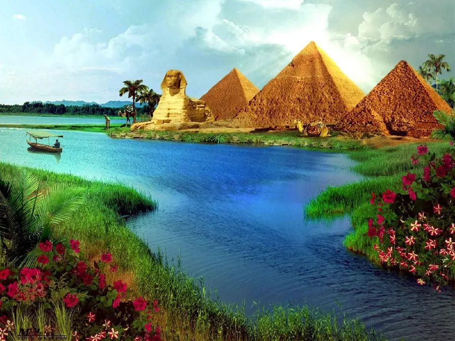 Dreamy graphic image of the Nile River and the Egyptian pyramids in a frame 2022