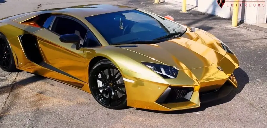 Very high-quality photo of a beautiful golden Lamborghini for 4K poster printing