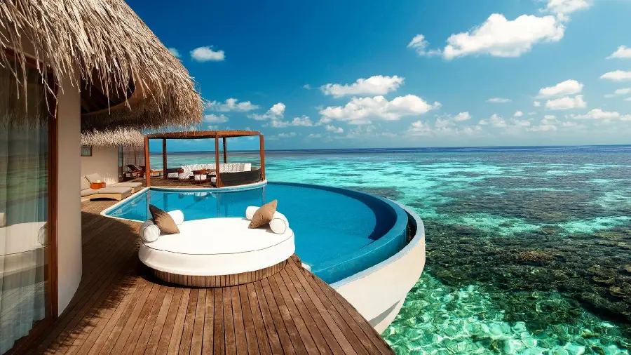 Unfinished profile photo of the beach house villa and pool and sunbed in hd quality
