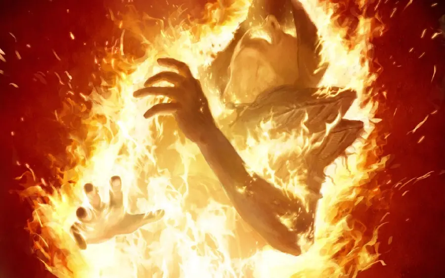 Horrifying graphic photo of a woman burning in a bright fire 