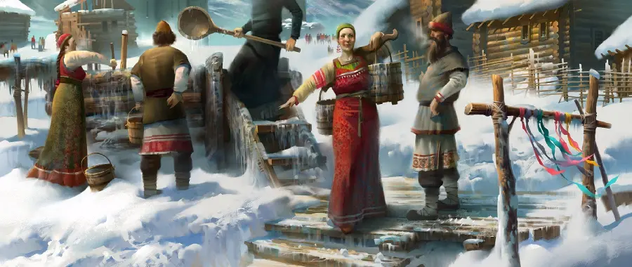Fantasy and painted photo of beautiful Russian girls in national costumes fetching water in winter in hd quality