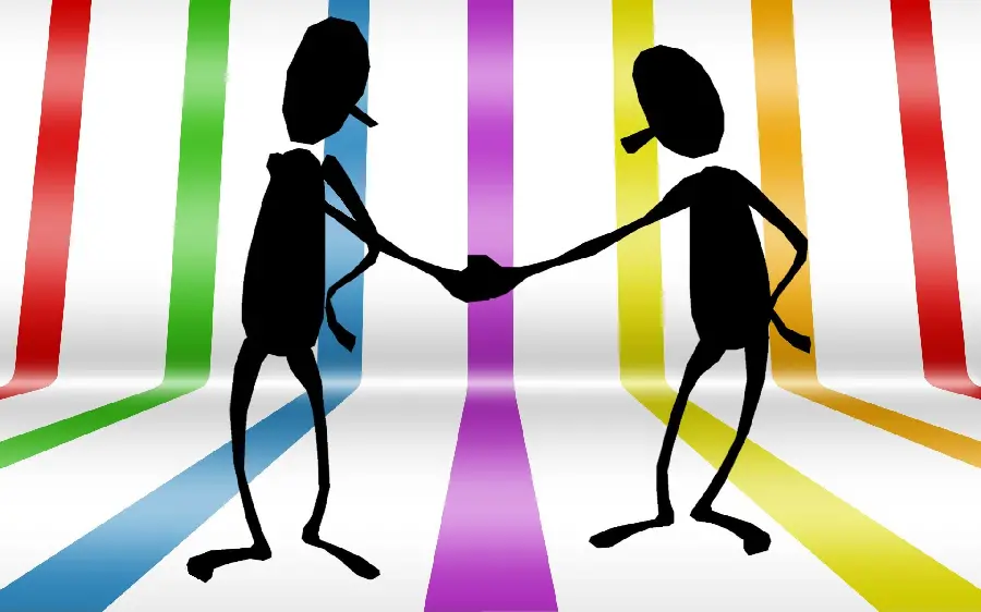 Simple and cool digital image of two people becoming friends with a colorful background