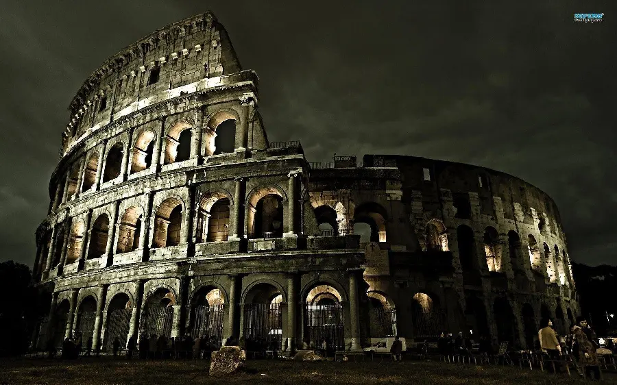Download a black and white background photo of the famous Colosseum on a black background suitable for tablets