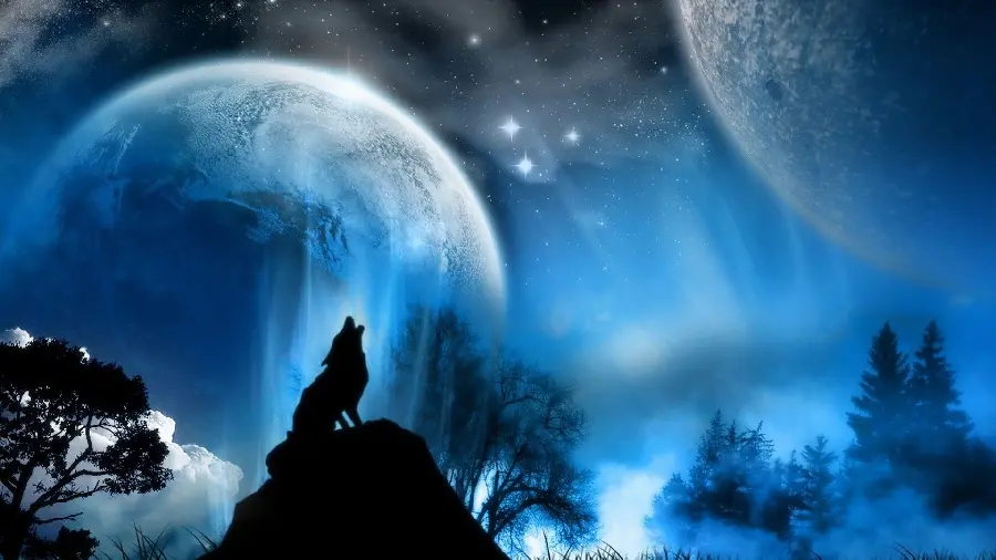 Impressive profile photo of a wolf howling next to the moon in the beautiful night sky