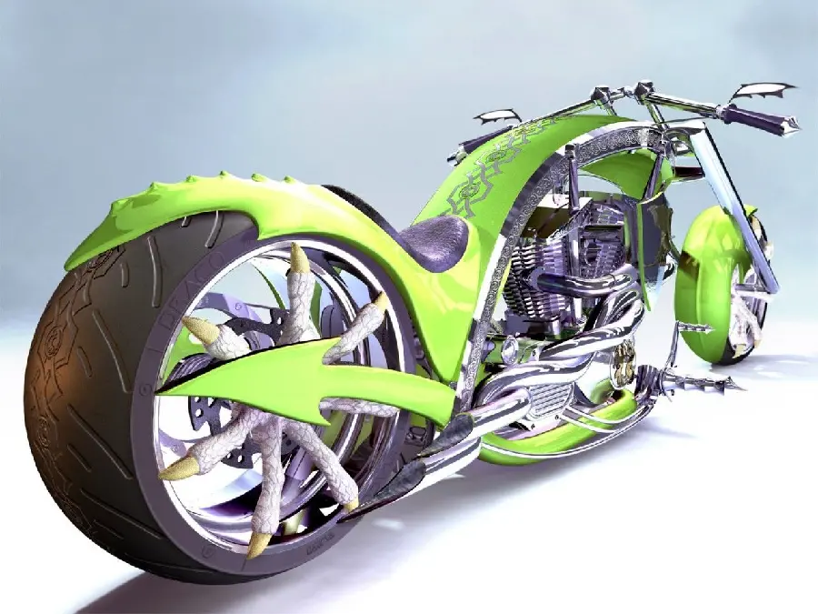 A new and green fantasy photo of a new and heavy custom motorcycle with excellent quality