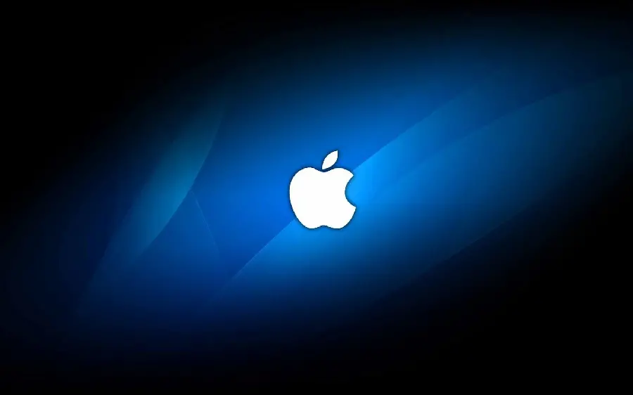 Download a luminous background of a white bitten apple On a blue and black background