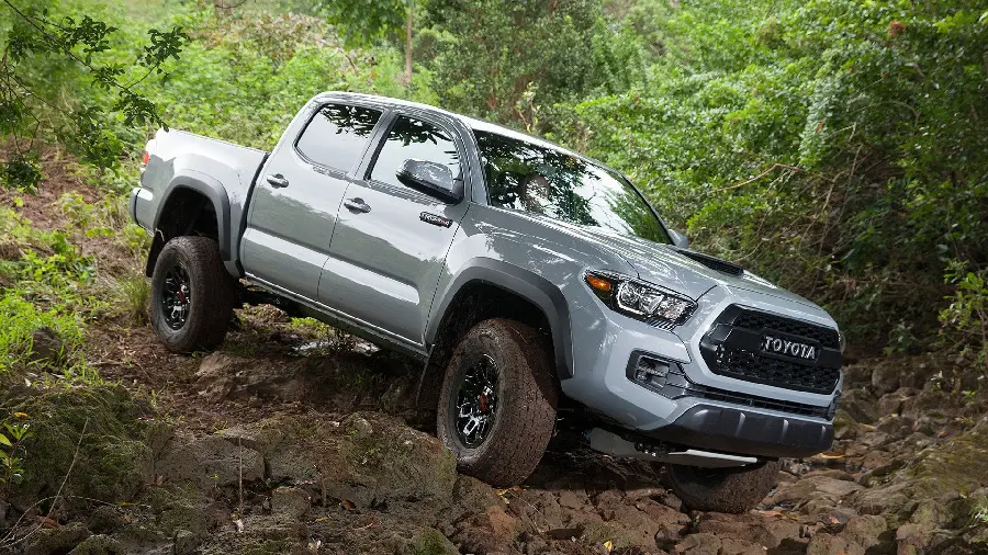 Download the exciting vector of lead-colored Toyota Tacoma in lush forests with a high slope