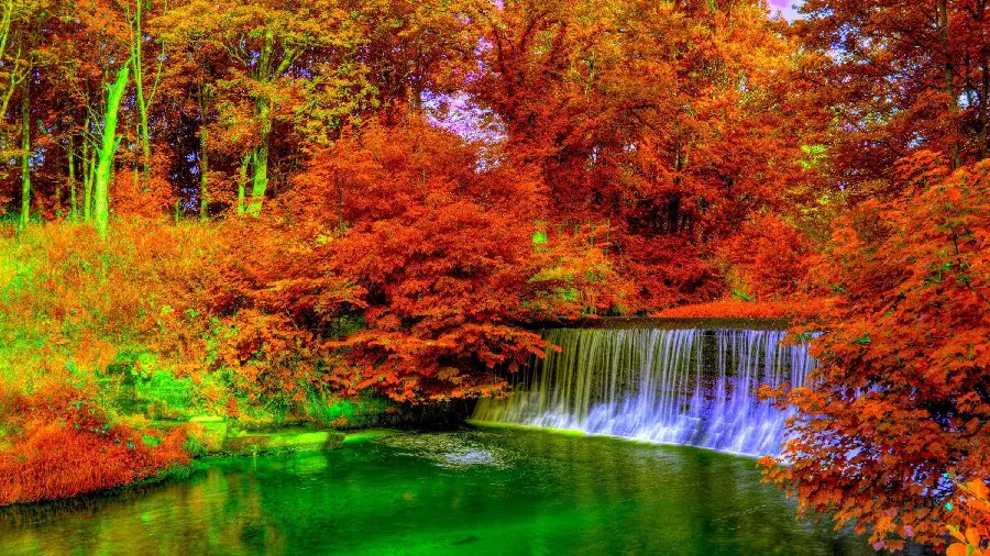 Beautiful view of autumn landscape with multi-colored trees around a waterfall for profile 