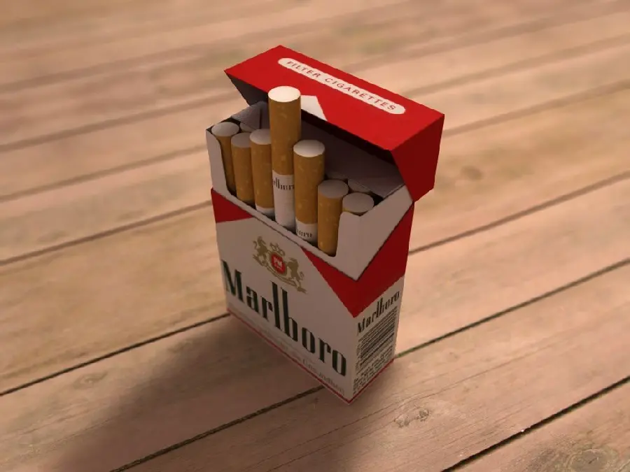 A disciplined photo of an opened Marlboro cigarette box On a wooden table
