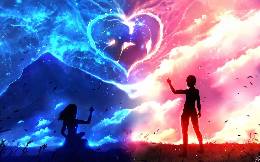 A romantic fantasy image combining two colors of blue and pink symbolizing the spirits of the bride and groom