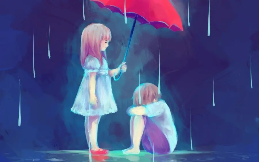 Anime photo of a cute standing girl with a red umbrella and a boy sitting in the rainy weather, high quality anime HD