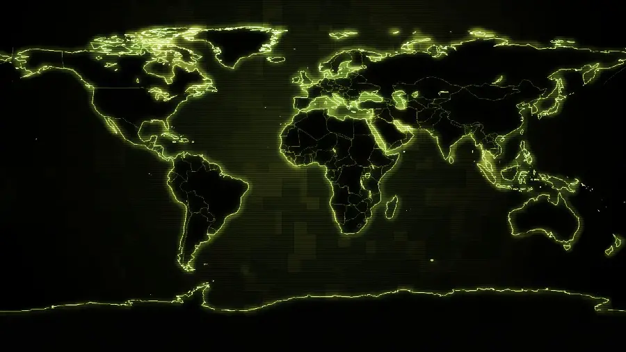 A dreamy image of a world map from above with bright green borders in HD quality